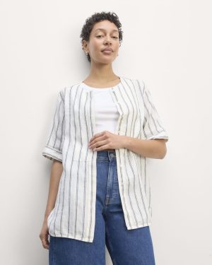 The Bib Shirt in Linen | Bone / Navy