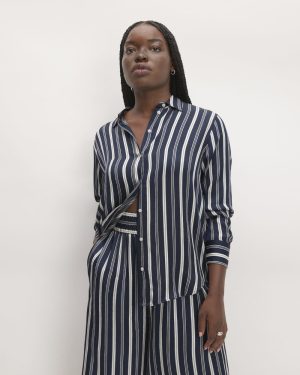 The Satin Relaxed Shirt | Navy / Bone